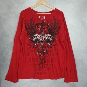 Y2K Thermal Shirt Mens Large Red Long Sleeve Skull Cross Gothic Affliction Style